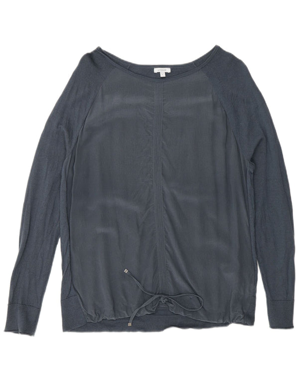 Jigsaw blusa feminina com amarração frontal e manga comprida Reino Unido 16 grande seda azul marinho