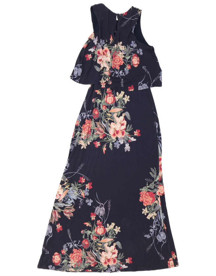 Vestido maxi feminino Monsoon com ombro de fora UK 12 médio azul marinho floral