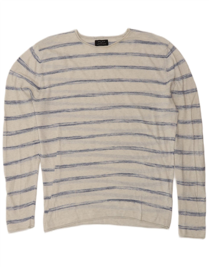 ZARA Mens Crew Neck Jumper Sweater Medium Off White Striped Cotton
