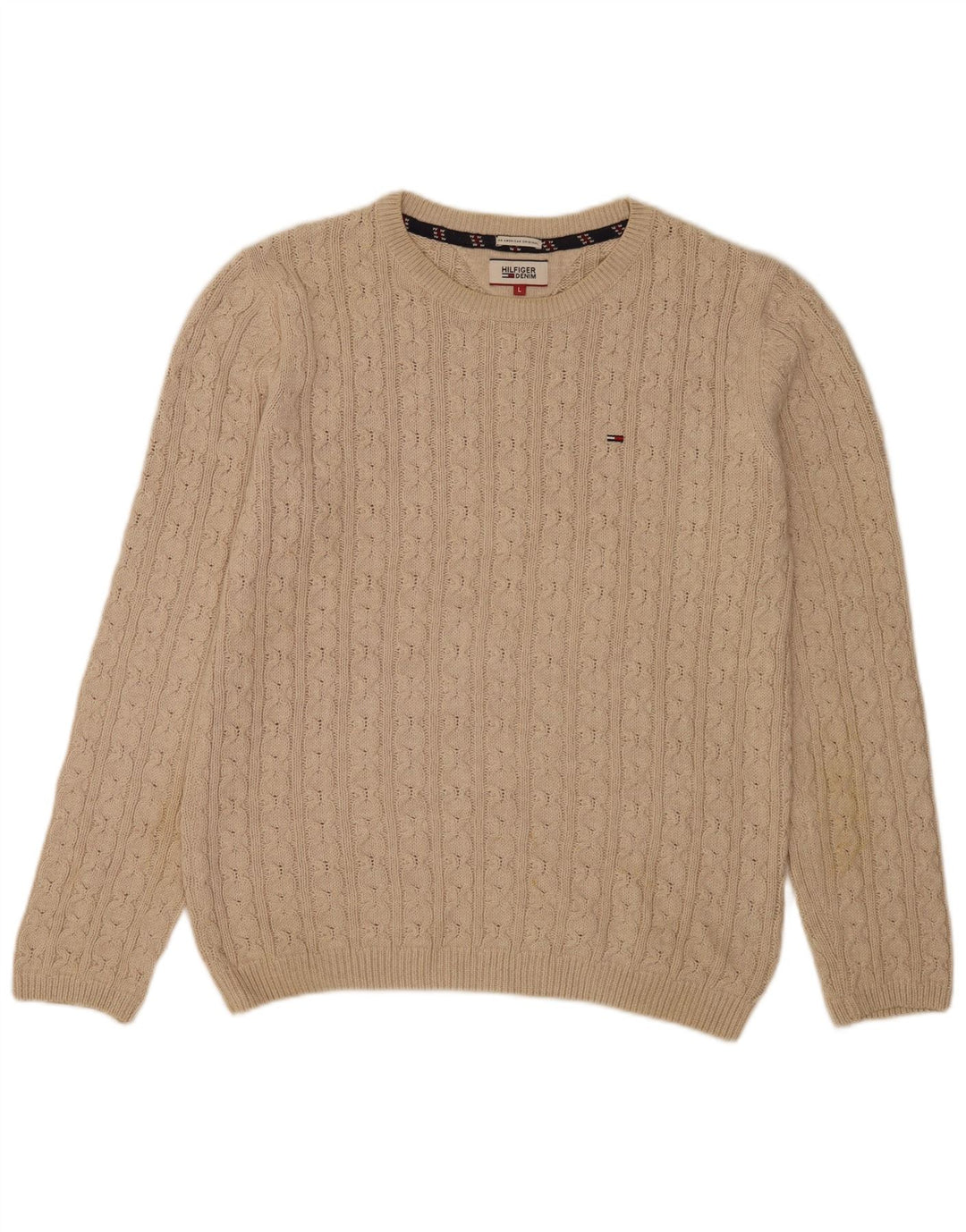 Tommy Hilfiger Suéter masculino com gola redonda grande bege clássico