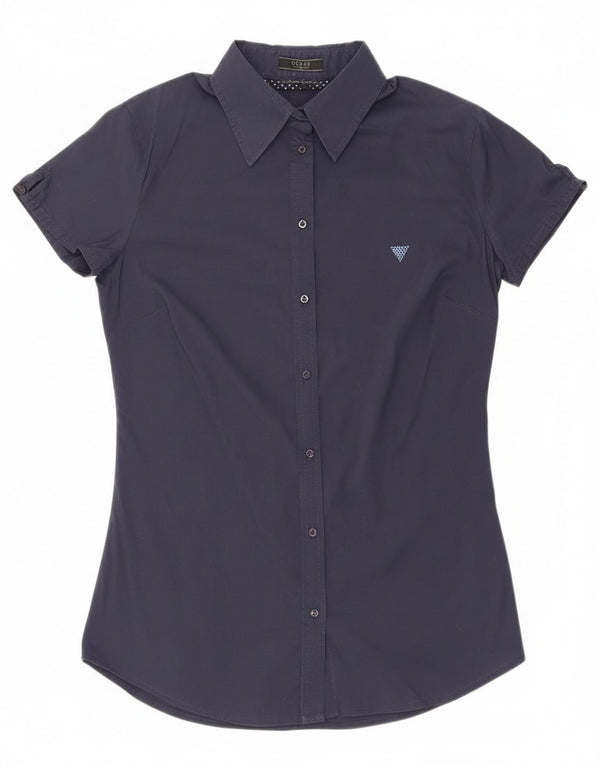 Guess Camisa feminina de manga curta UK 8 pequena algodão azul marinho