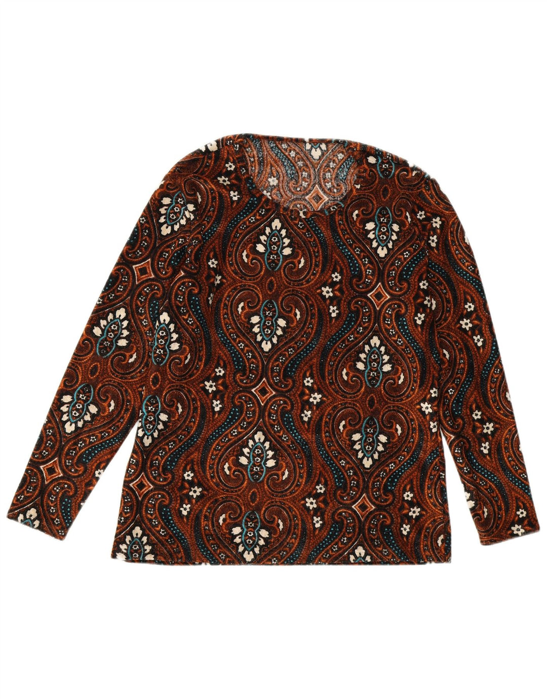 Blusa feminina vintage de manga comprida UK 12 Paisley marrom médio