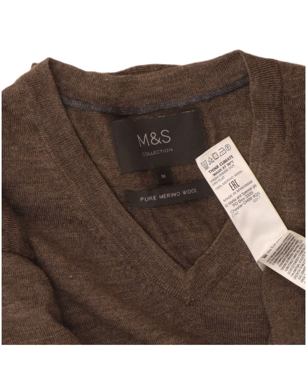 Suéter masculino MARKS & SPENCER com decote em V, lã merino marrom médio