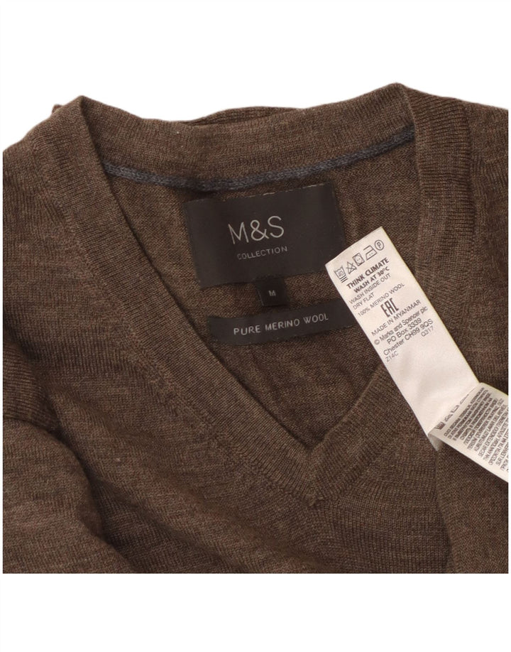 Suéter masculino MARKS & SPENCER com decote em V, lã merino marrom médio