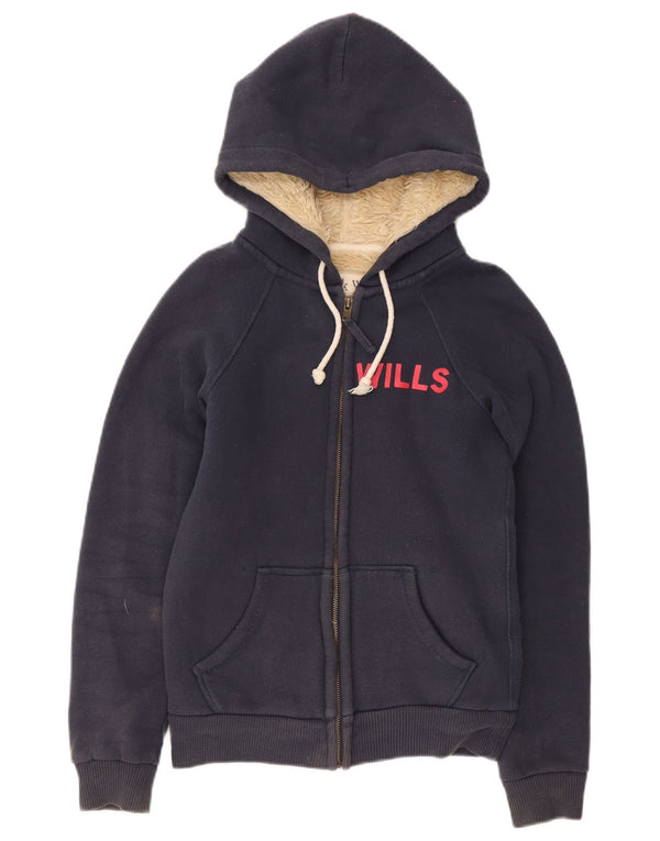 Jack Wills Suéter feminino com capuz e zíper Sherpa gráfico Reino Unido 8 pequeno azul marinho