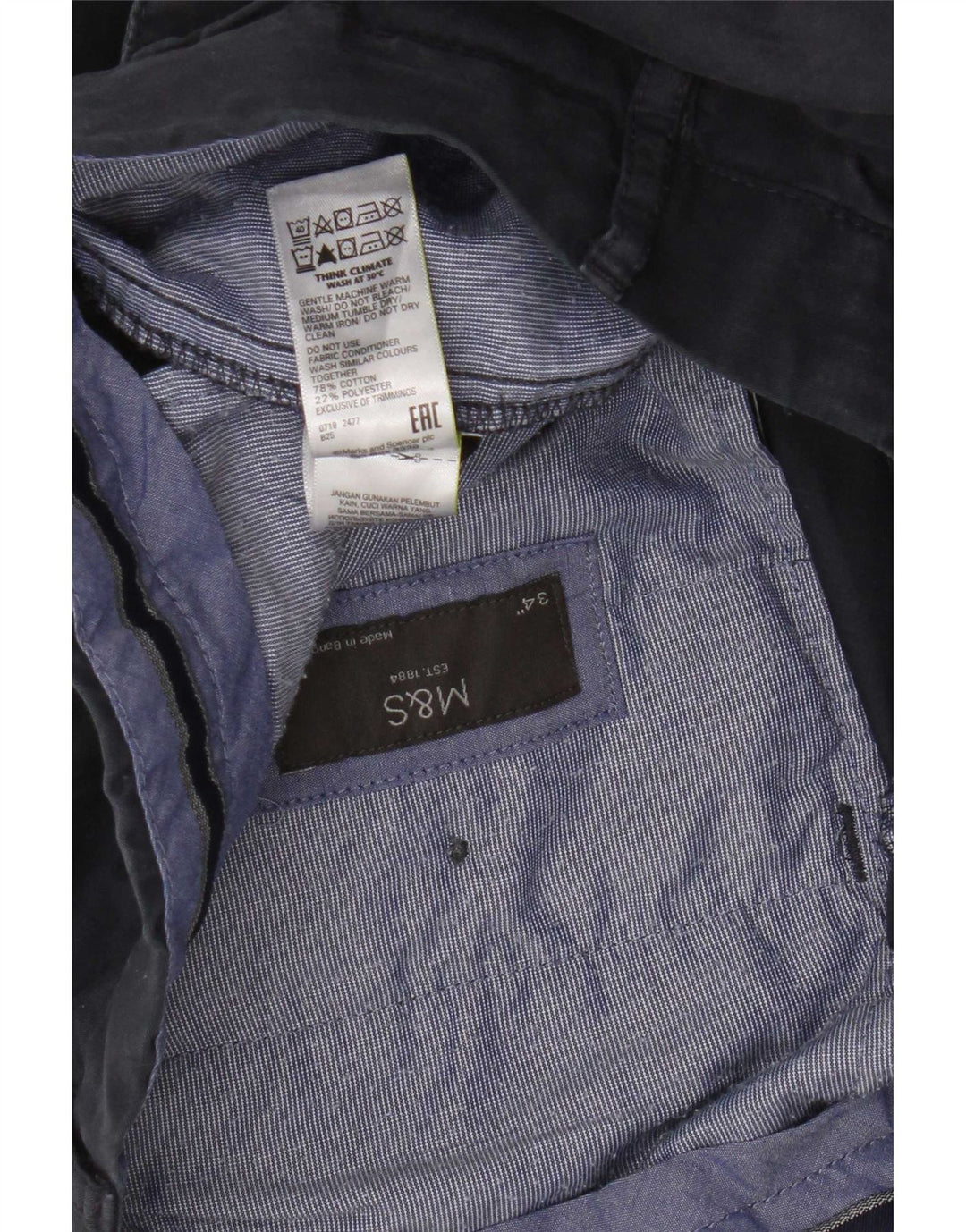 Shorts chino masculino Marks & Spencer W34 grande algodão azul marinho