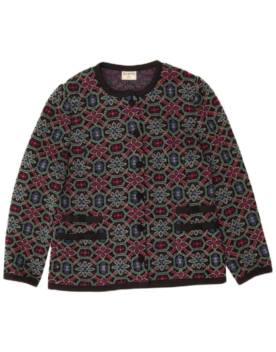 Suéter cardigã feminino Les Lunis IT 48 XL lã geométrica multicolorida