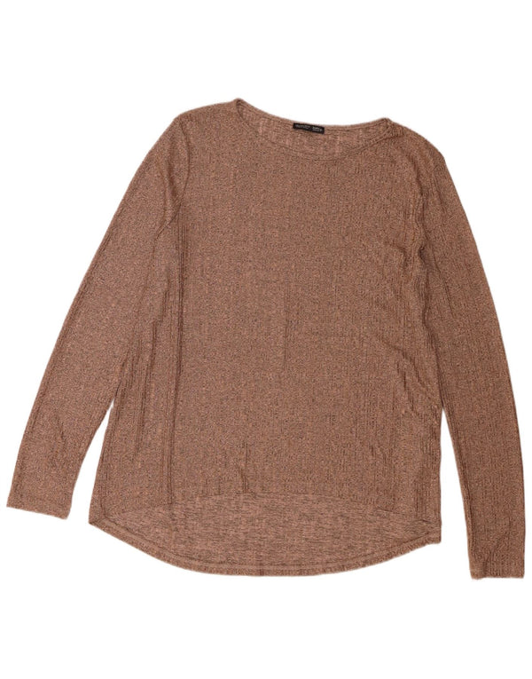 Top feminino Zara manga comprida UK 16 grande poliéster marrom