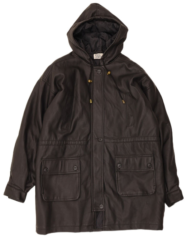 Sobretudo feminino de couro sintético com capuz Regina Schrecker UK 18 XL preto PVC