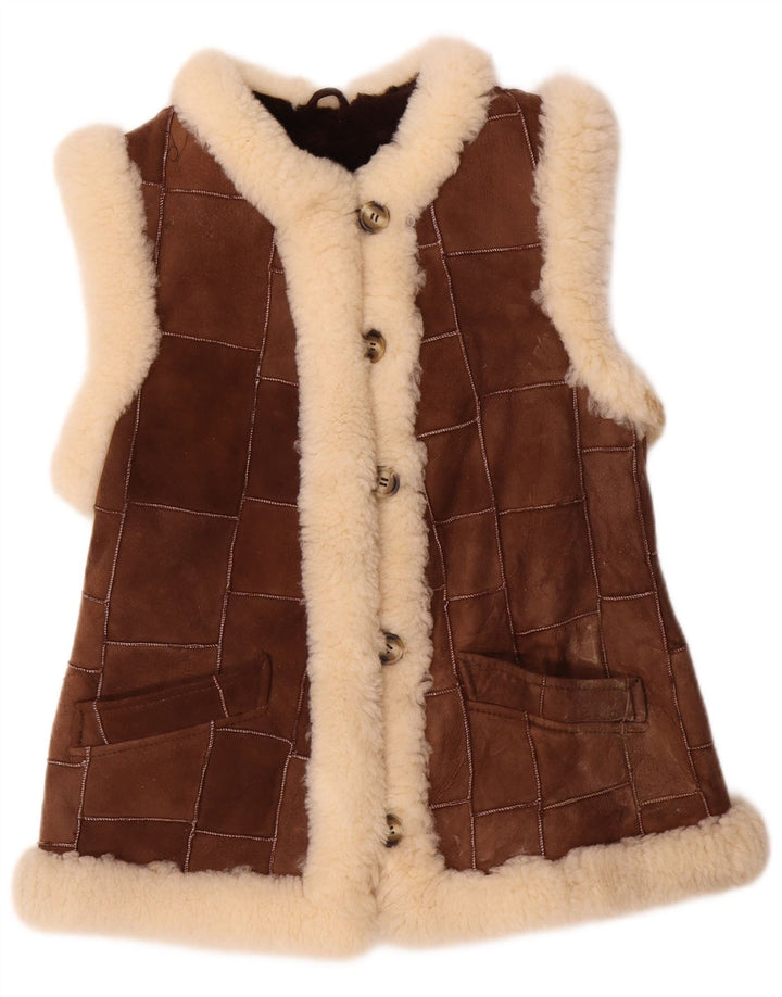 Colete feminino VINTAGE Shearling EU 36 pequeno couro marrom patchwork