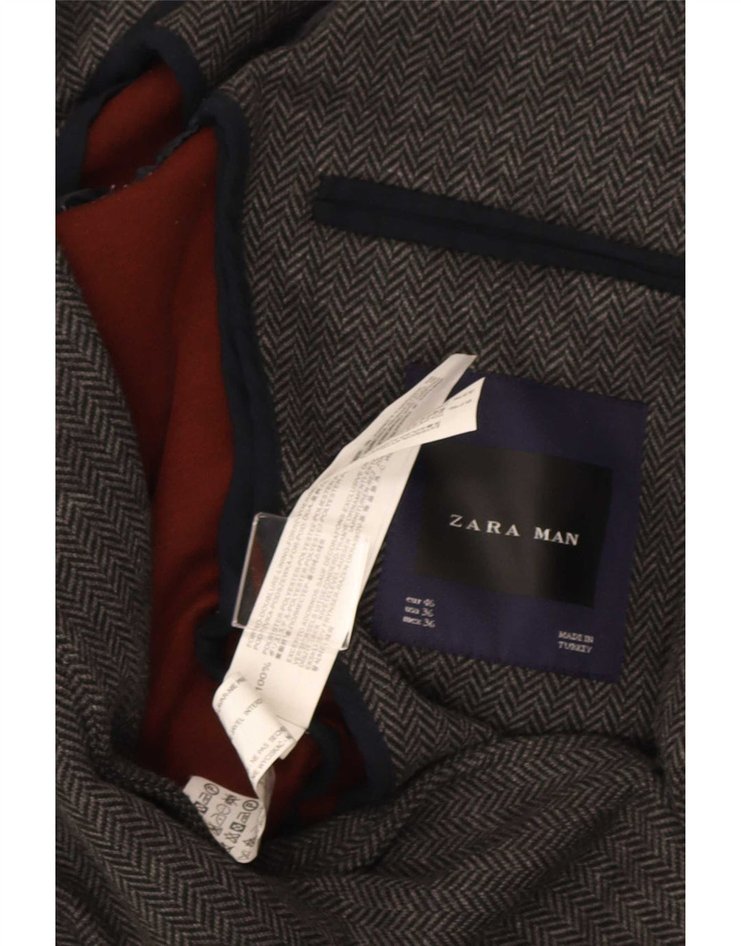 Jaqueta blazer masculina Zara com 2 botões EU 46 poliéster espinha de peixe cinza pequeno