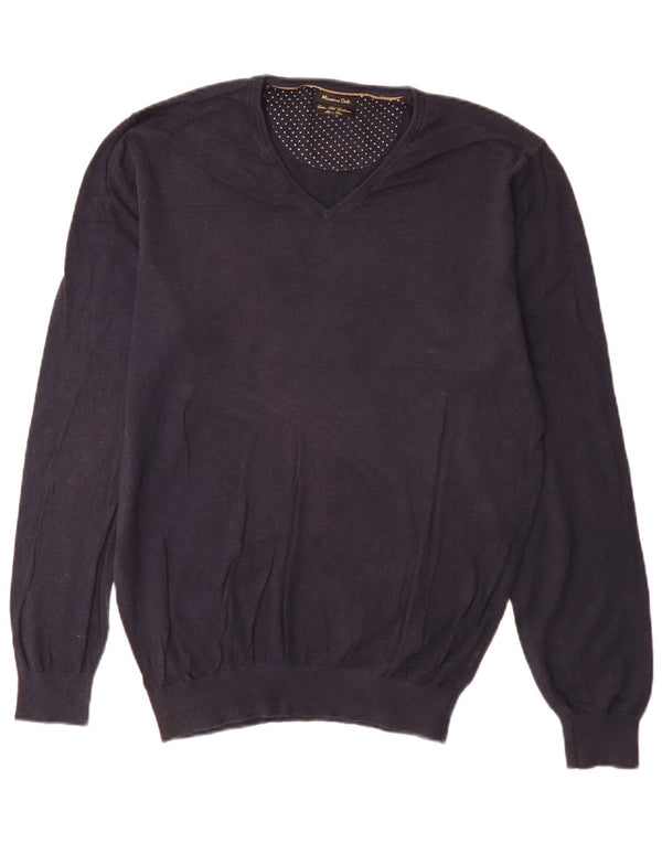 Suéter masculino Massimo Dutti com decote em V grande algodão azul marinho