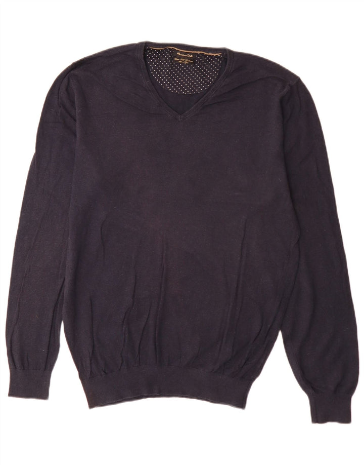 Suéter masculino Massimo Dutti com decote em V grande algodão azul marinho