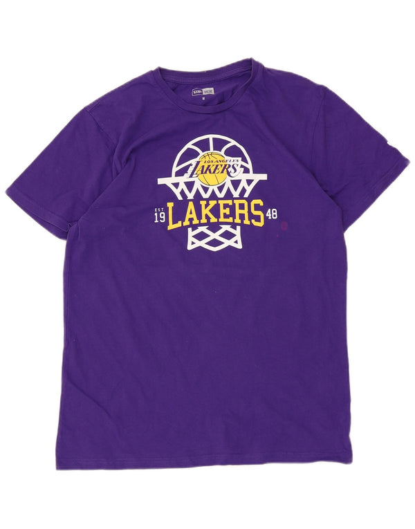 Camiseta masculina New Era Los Angeles Lakers com estampa gráfica de algodão roxo médio