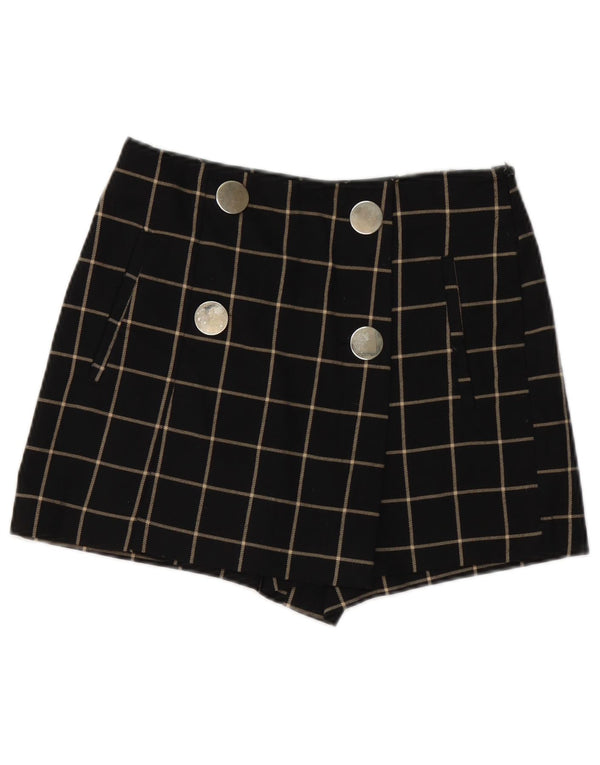 Zara Shorts feminino casual pequeno W26 poliéster xadrez preto
