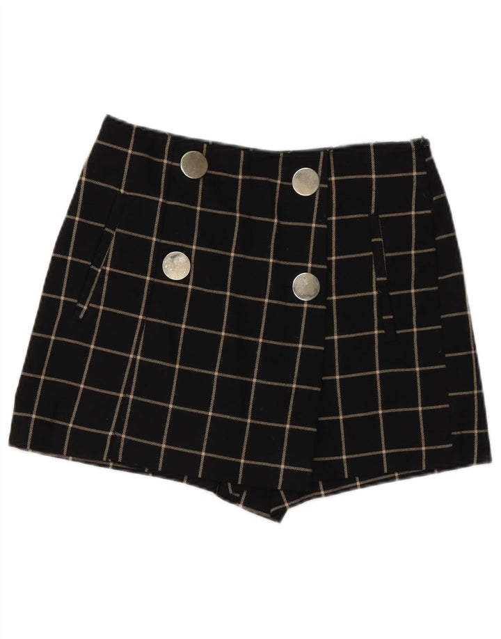 Zara Shorts feminino casual pequeno W26 poliéster xadrez preto