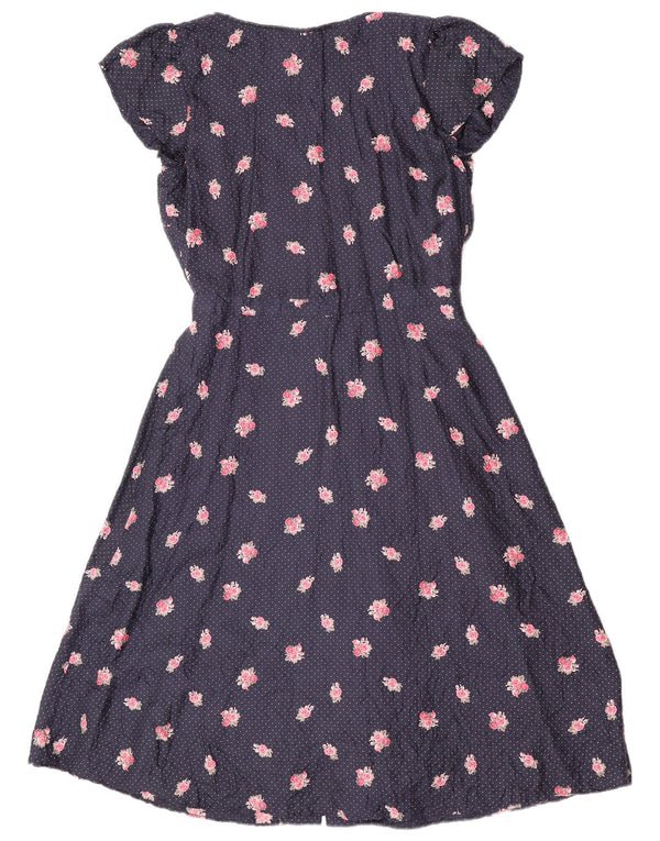 Vestido feminino evasê Crew Clothing UK 10 pequeno azul marinho floral seda