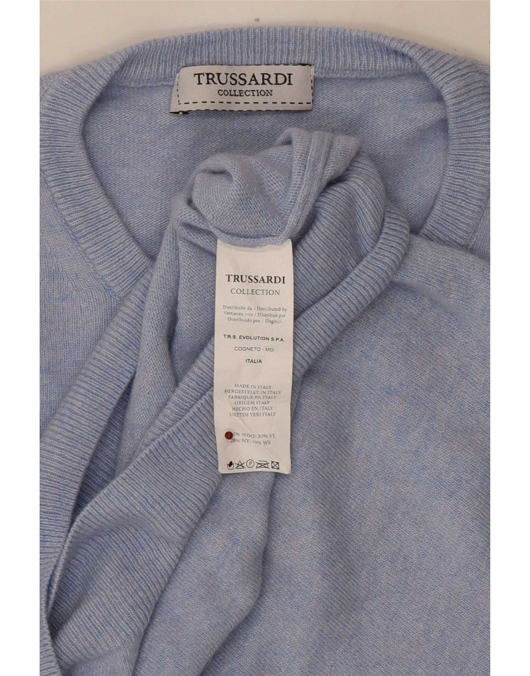 Suéter masculino Trussardi com gola redonda de lã azul médio