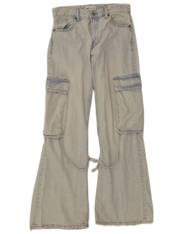 Calça jeans feminina Zara Cargo Wide Leg EU 36 XS W26 L32 azul algodão