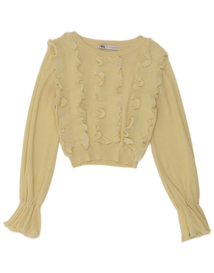 Blusa feminina Zara com manga comprida e babados frontal Reino Unido 8 pequeno amarelo