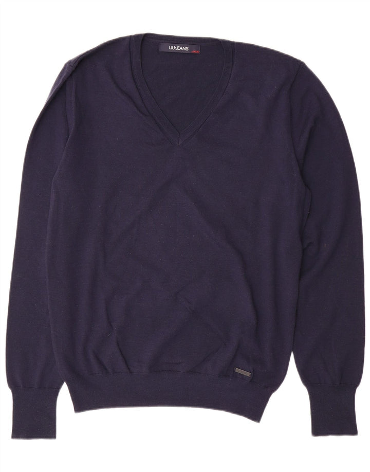 LIU JO Suéter feminino com decote em V Reino Unido 18 XL lã azul marinho
