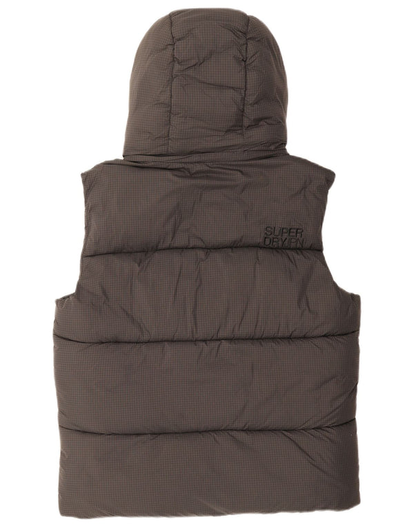 Colete acolchoado com capuz masculino Superdry UK 38 nylon xadrez cinza médio