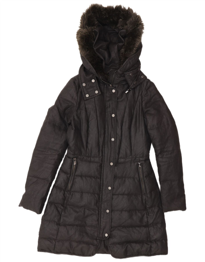 Casaco acolchoado com capuz feminino Zara UK 12 médio preto poliéster inverno