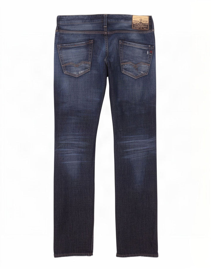 Replay Mens Waitom Straight Jeans W30 L34 Azul Marinho Algodão