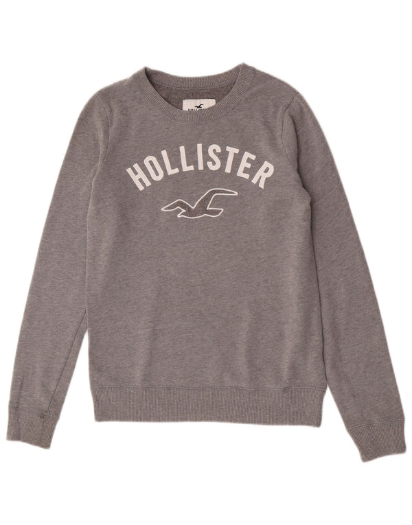 Hollister feminino gráfico moletom jumper UK 6 XS algodão cinza