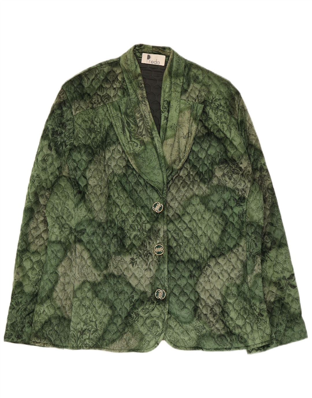 Jaqueta blazer acolchoada feminina vintage com 3 botões Reino Unido 16 grande verde floral