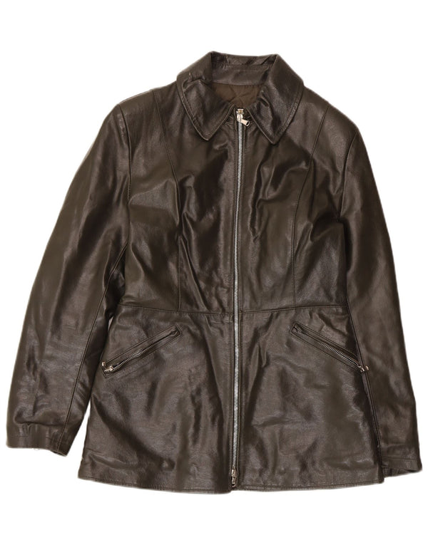 Jaqueta de couro feminina vintage UK 10 pequena cáqui