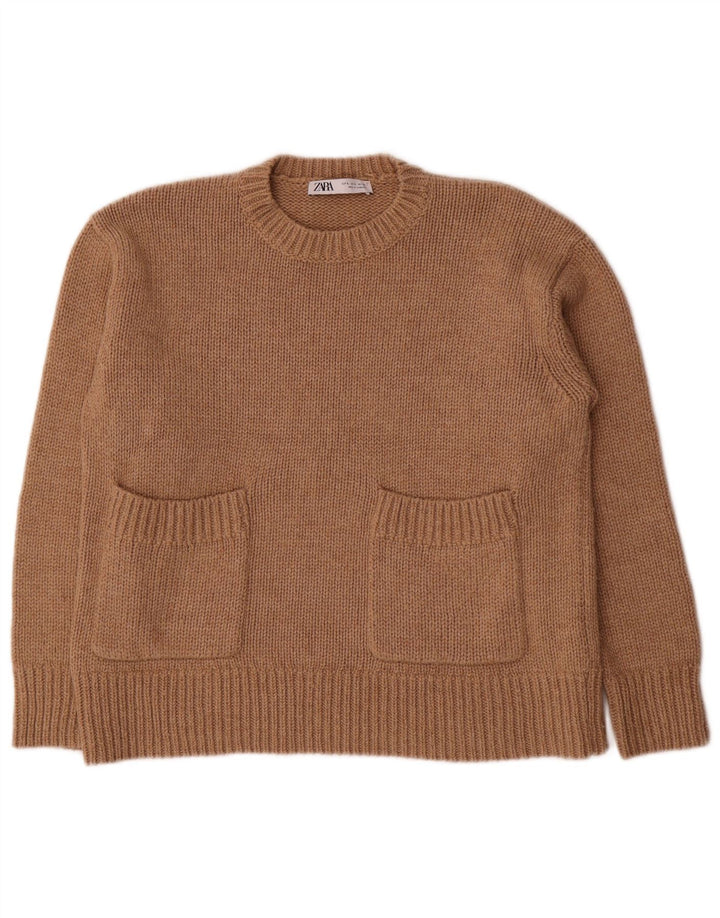 Zara Suéter feminino oversized com gola redonda Reino Unido 10 pequeno poliéster marrom