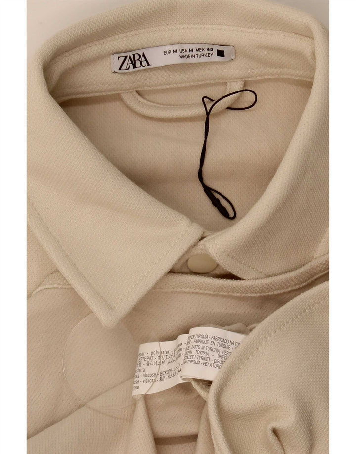 Zara Camisa masculina de manga curta poliéster bege médio