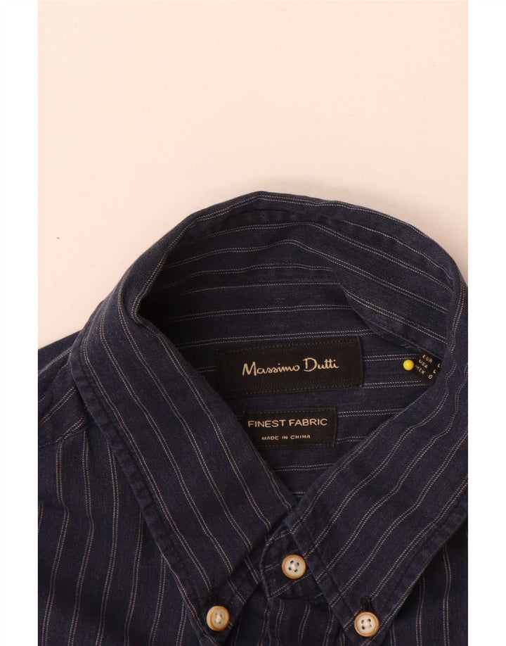 Camisa masculina Massimo Dutti grande algodão listrado azul marinho