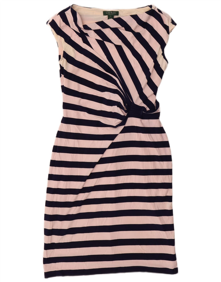 Vestido feminino Ralph Lauren sem mangas com bainha US 8 médio branco listrado