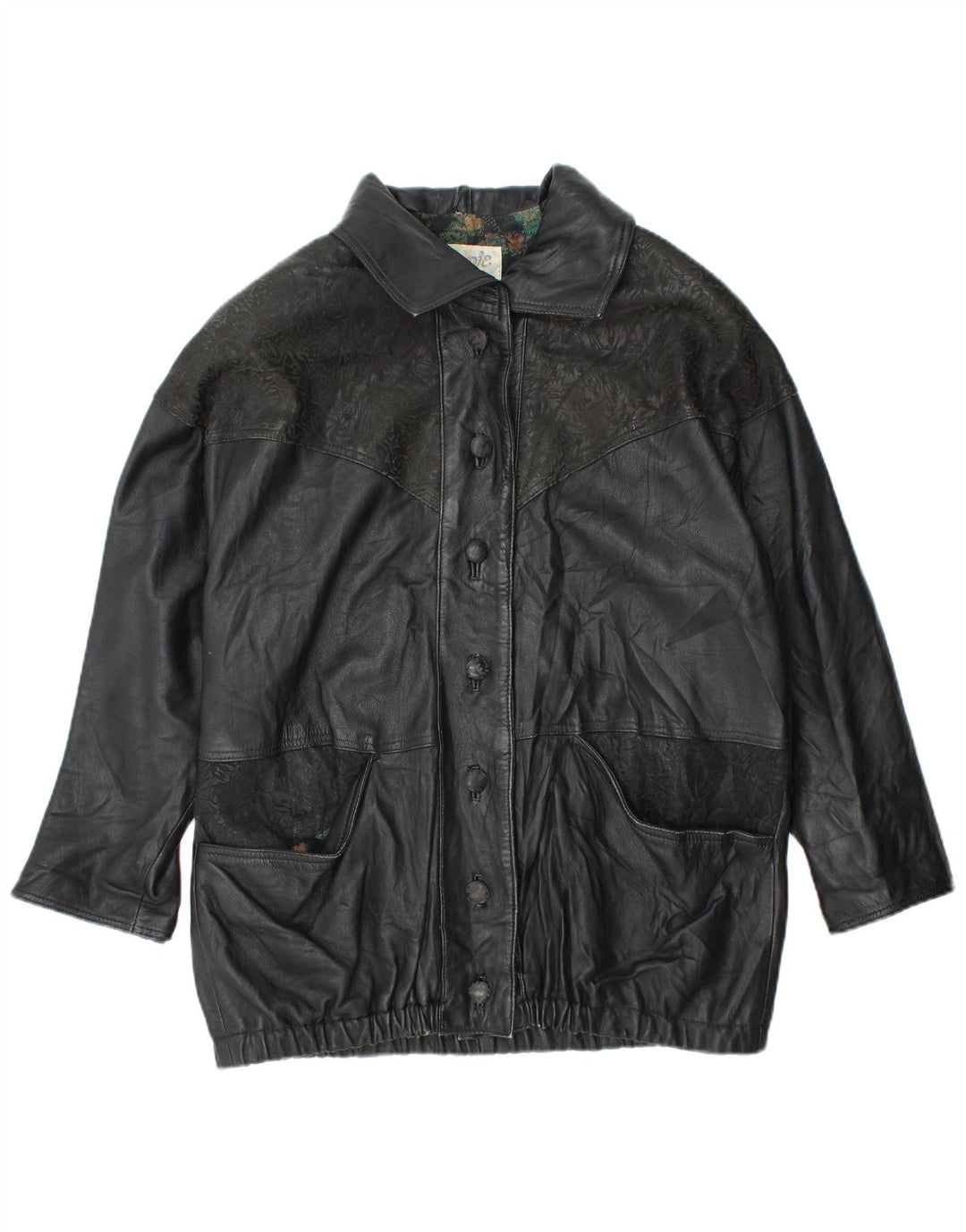 Jaqueta feminina de couro grande YUPPIE Reino Unido 18 XL preta floral