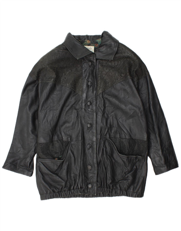 Jaqueta feminina de couro grande YUPPIE Reino Unido 18 XL preta floral