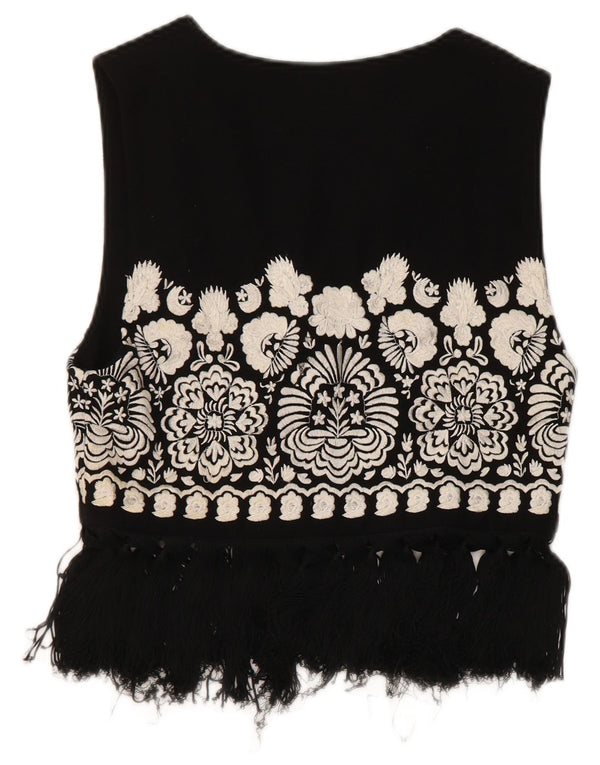 Colete feminino vintage UK 4 pequeno preto floral lã
