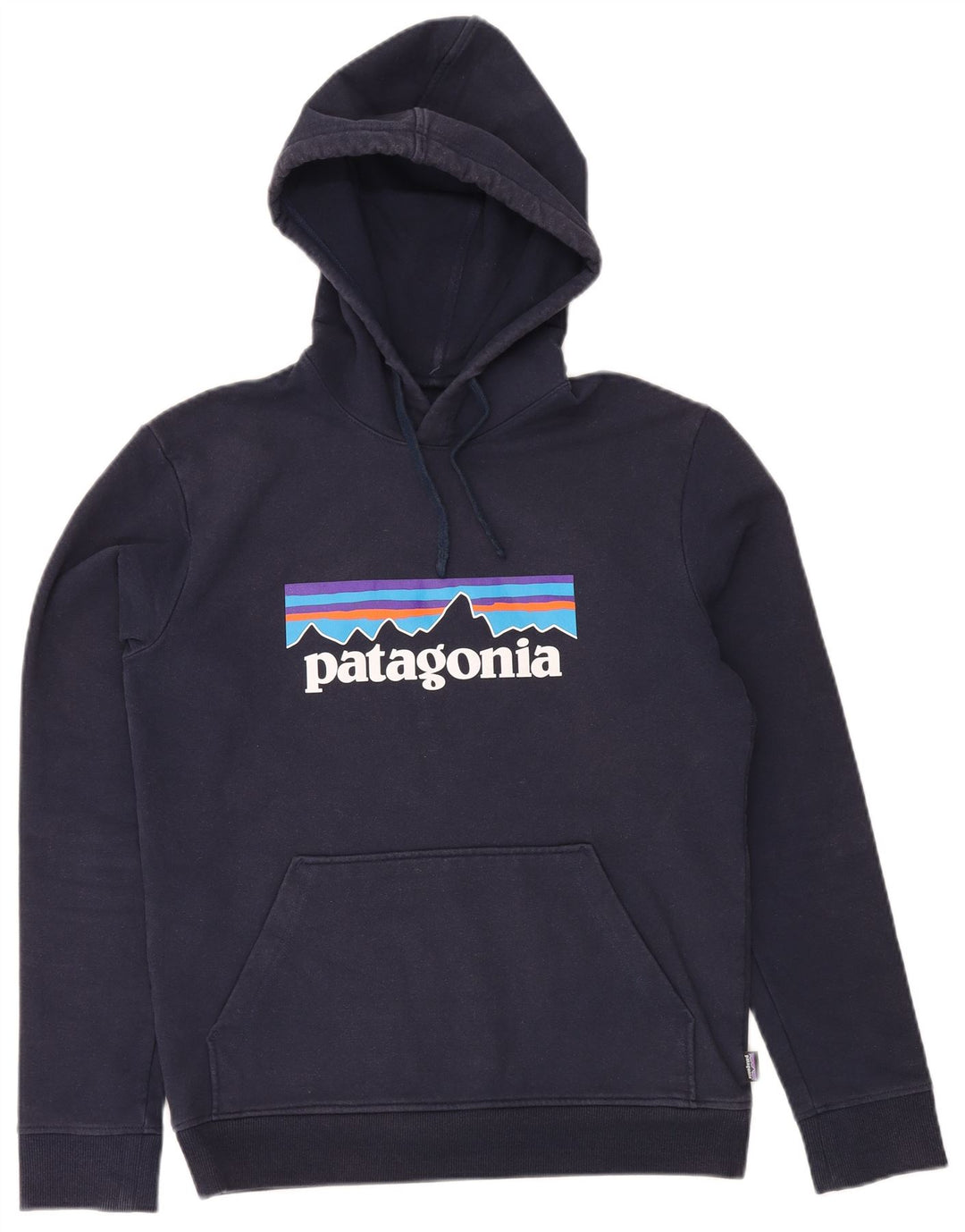 Suéter masculino PATAGONIA com capuz gráfico de ajuste regular pequeno algodão azul marinho