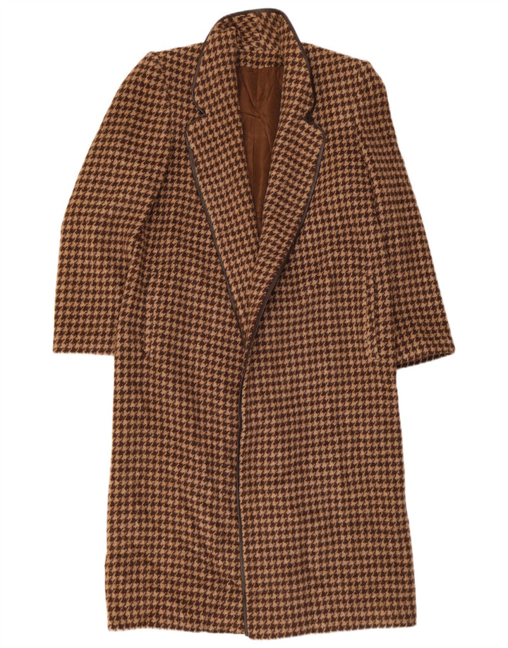 Sobretudo aberto feminino vintage Reino Unido 12 houndstooth marrom médio
