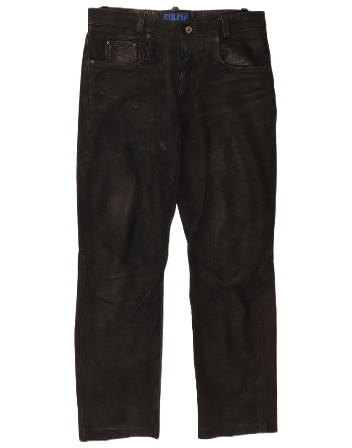 Calças de couro retas masculinas vintage W37 L30 pretas
