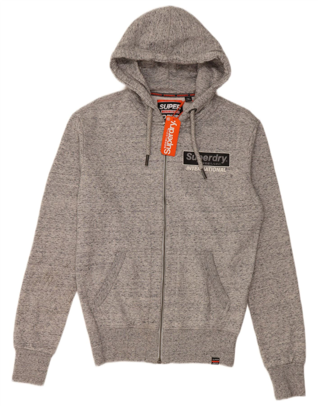 Suéter masculino SUPERDRY gráfico solto com capuz e zíper XS algodão manchado cinza