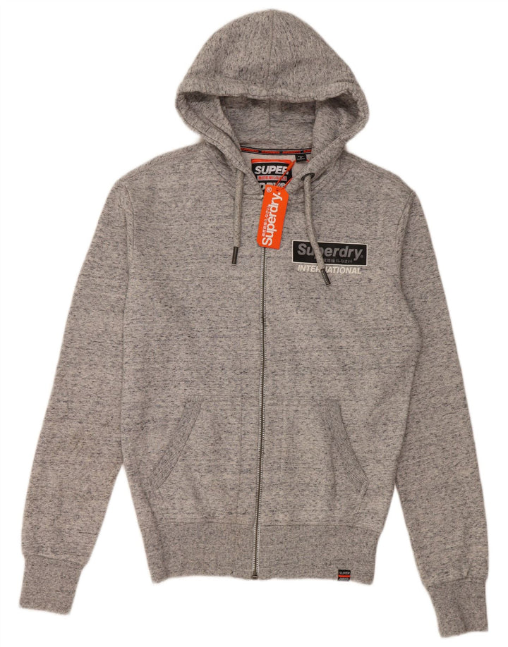 Suéter masculino SUPERDRY gráfico solto com capuz e zíper XS algodão manchado cinza