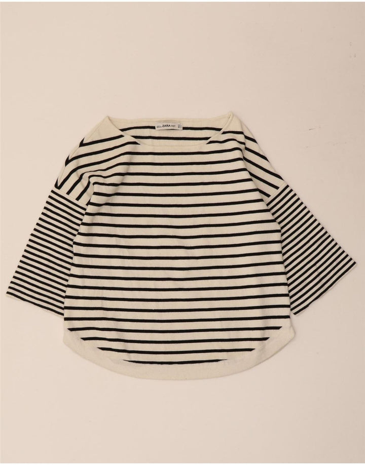 Zara Top feminino manga 3/4 UK 12 médio listrado branco viscose náutico