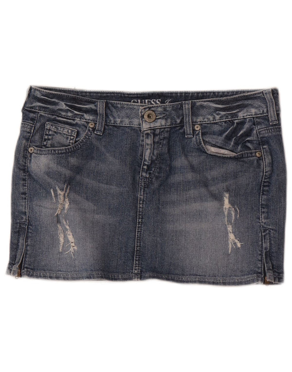 Mini saia jeans feminina Guess desgastada W29 algodão azul médio