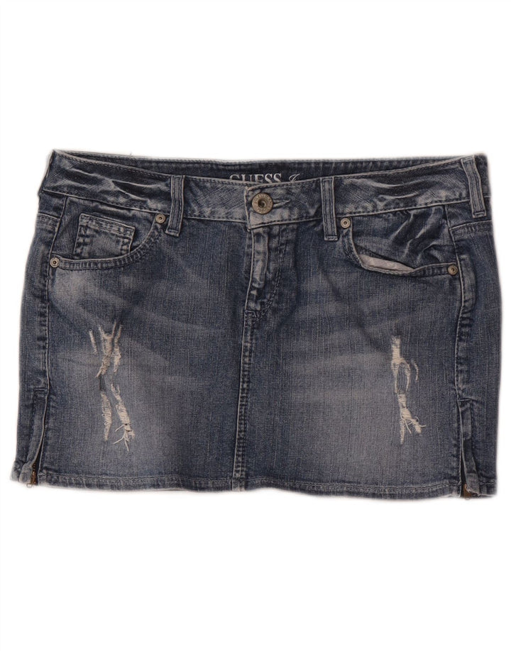 Mini saia jeans feminina Guess desgastada W29 algodão azul médio