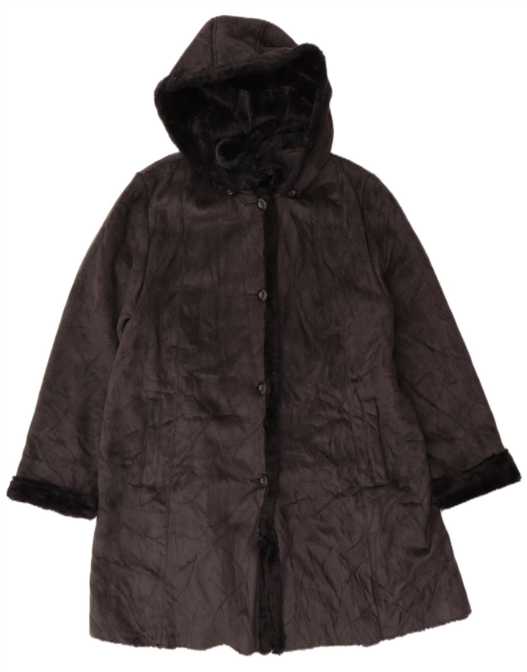 Sobretudo Sherpa com capuz feminino vintage Reino Unido 16 grande poliéster preto
