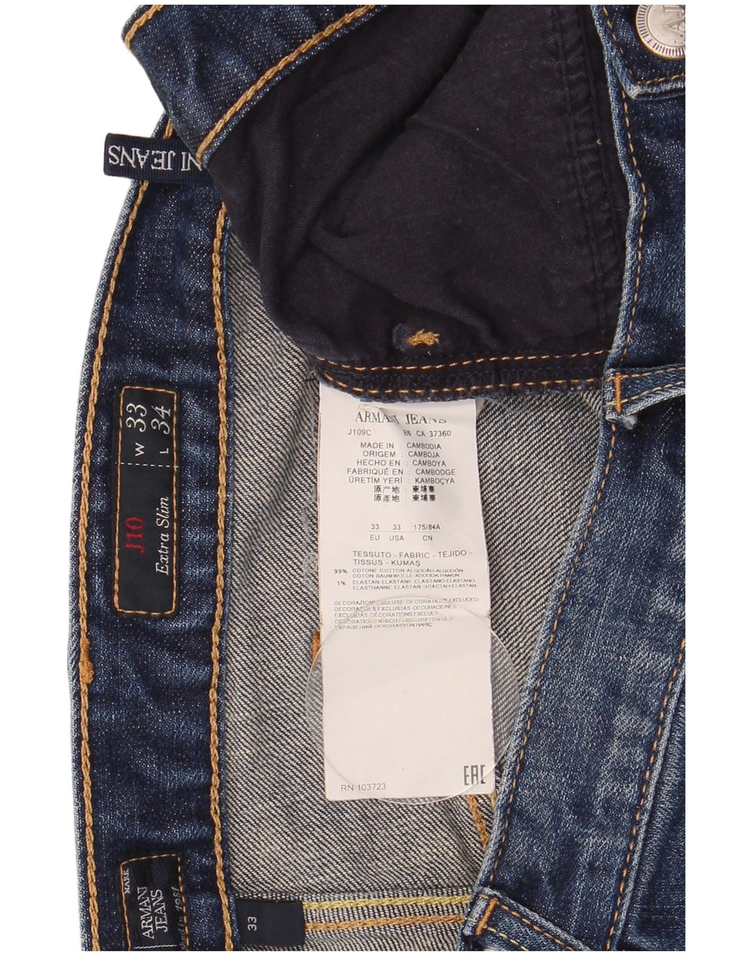Armani feminino J10 Slim Jeans W33 L34 azul algodão