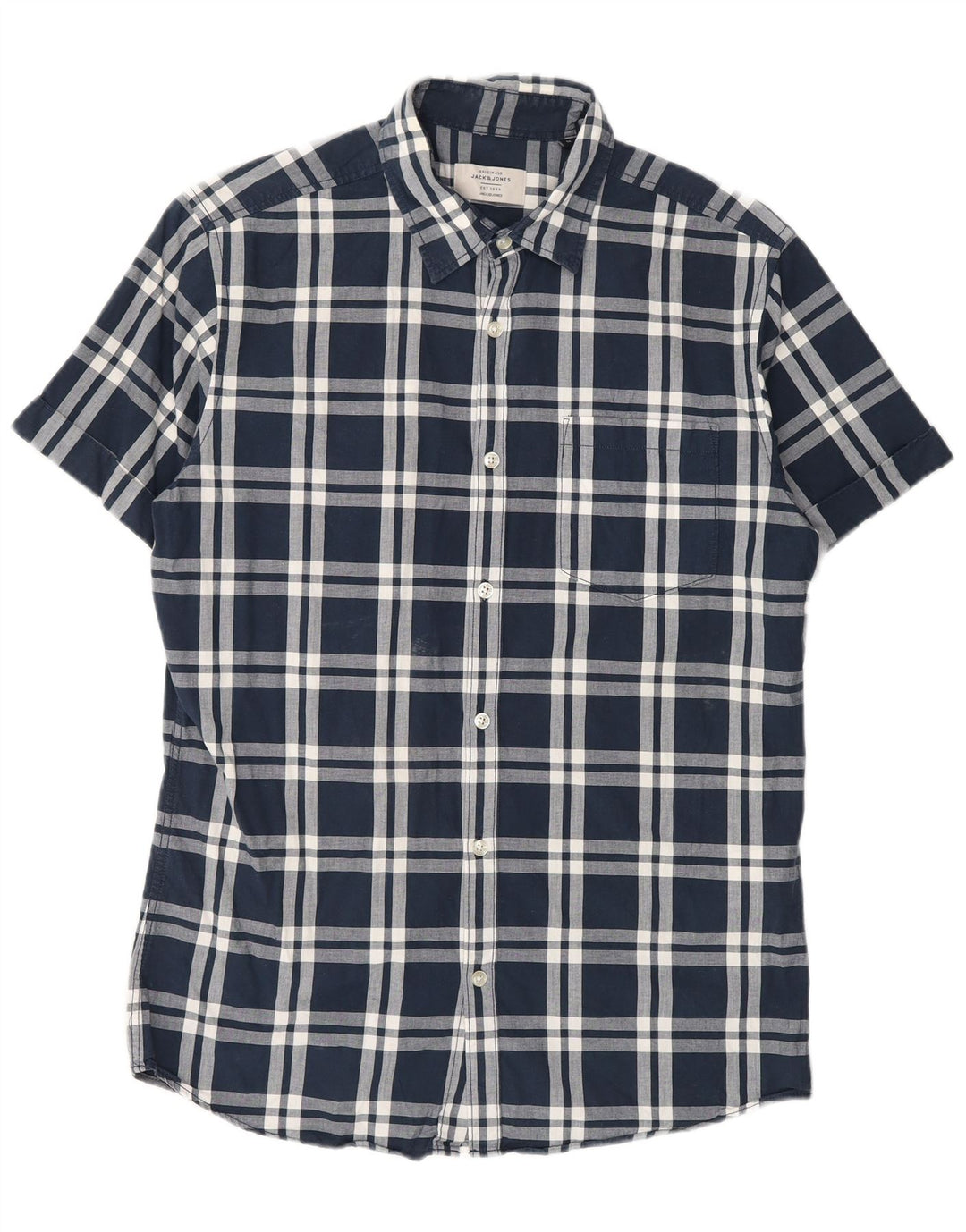 Camisa masculina de manga curta Jack & Jones de algodão xadrez azul marinho médio