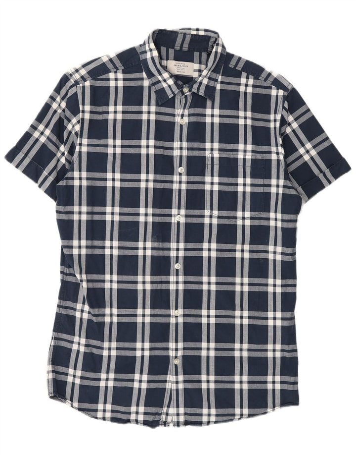 Camisa masculina de manga curta Jack & Jones de algodão xadrez azul marinho médio